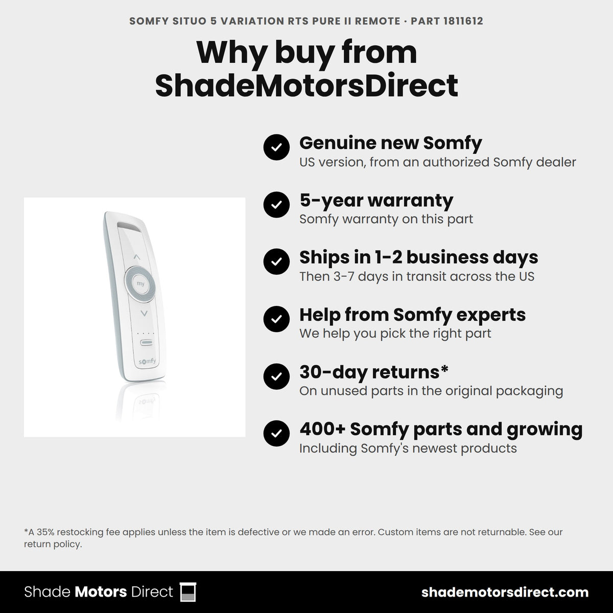 Buy the Somfy Situo 5 Variation RTS Pure II Remote, part 1811612, genuine new with 5-year warranty, from ShadeMotorsDirect