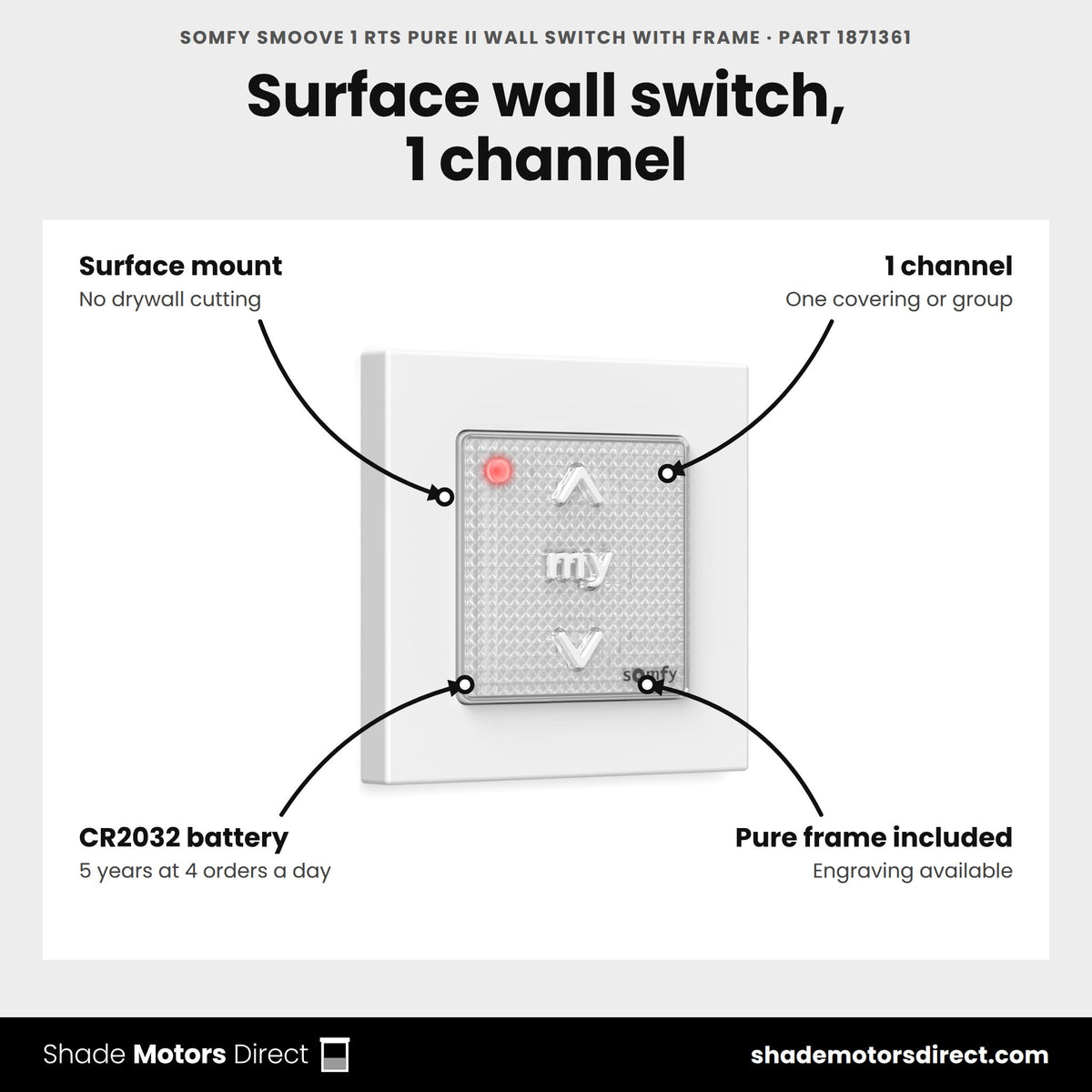 Somfy Smoove 1 RTS Pure II Wall Switch with Frame, part 1871361, features: surface mount with no drywall cutting, 1 channel, CR2032 battery rated 5 years at 4 orders a day, 164 ft open field, Pure frame included