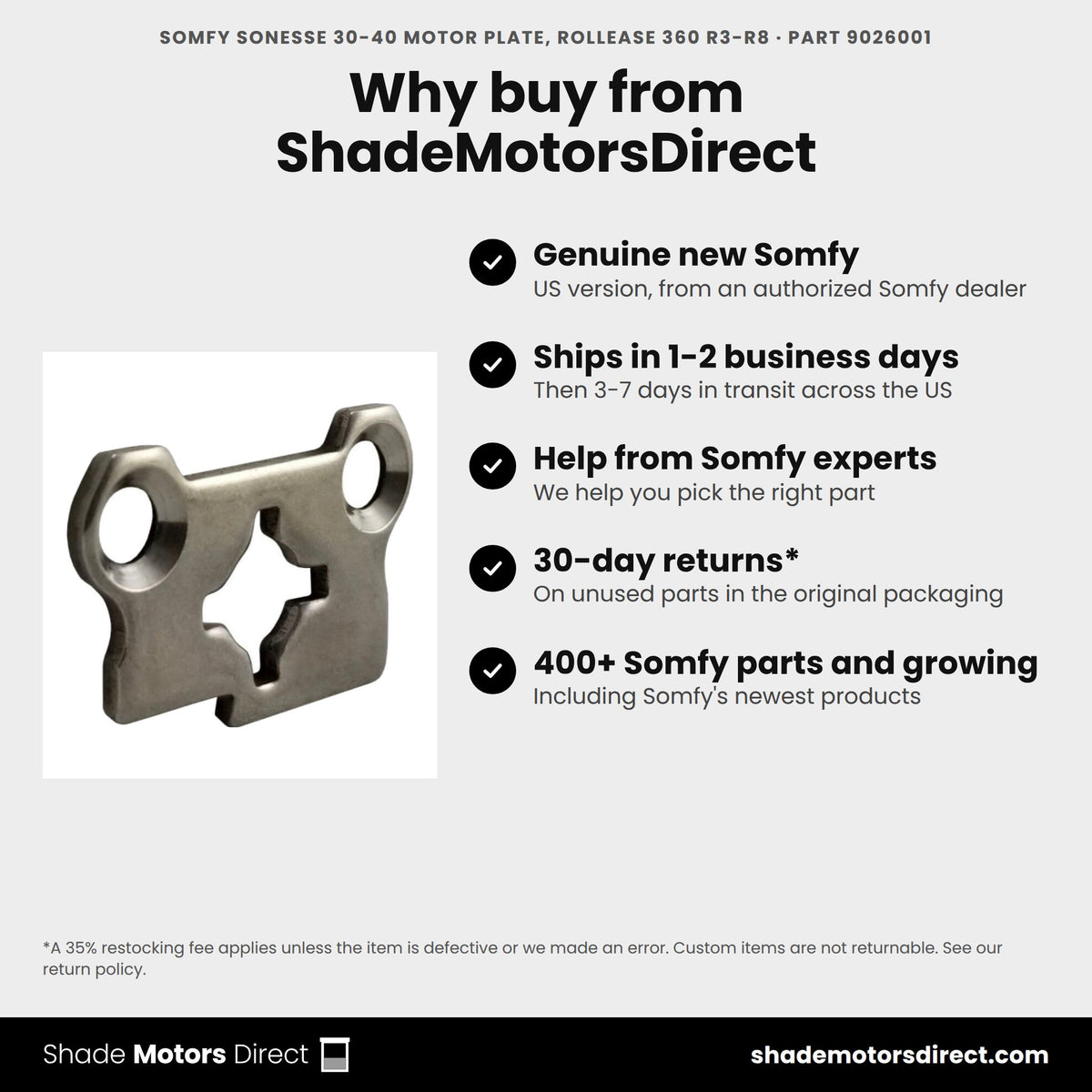 Buy the Somfy Sonesse 30-40 Motor Plate, RollEase 360 R3-R8, part 9026001, genuine new, from ShadeMotorsDirect
