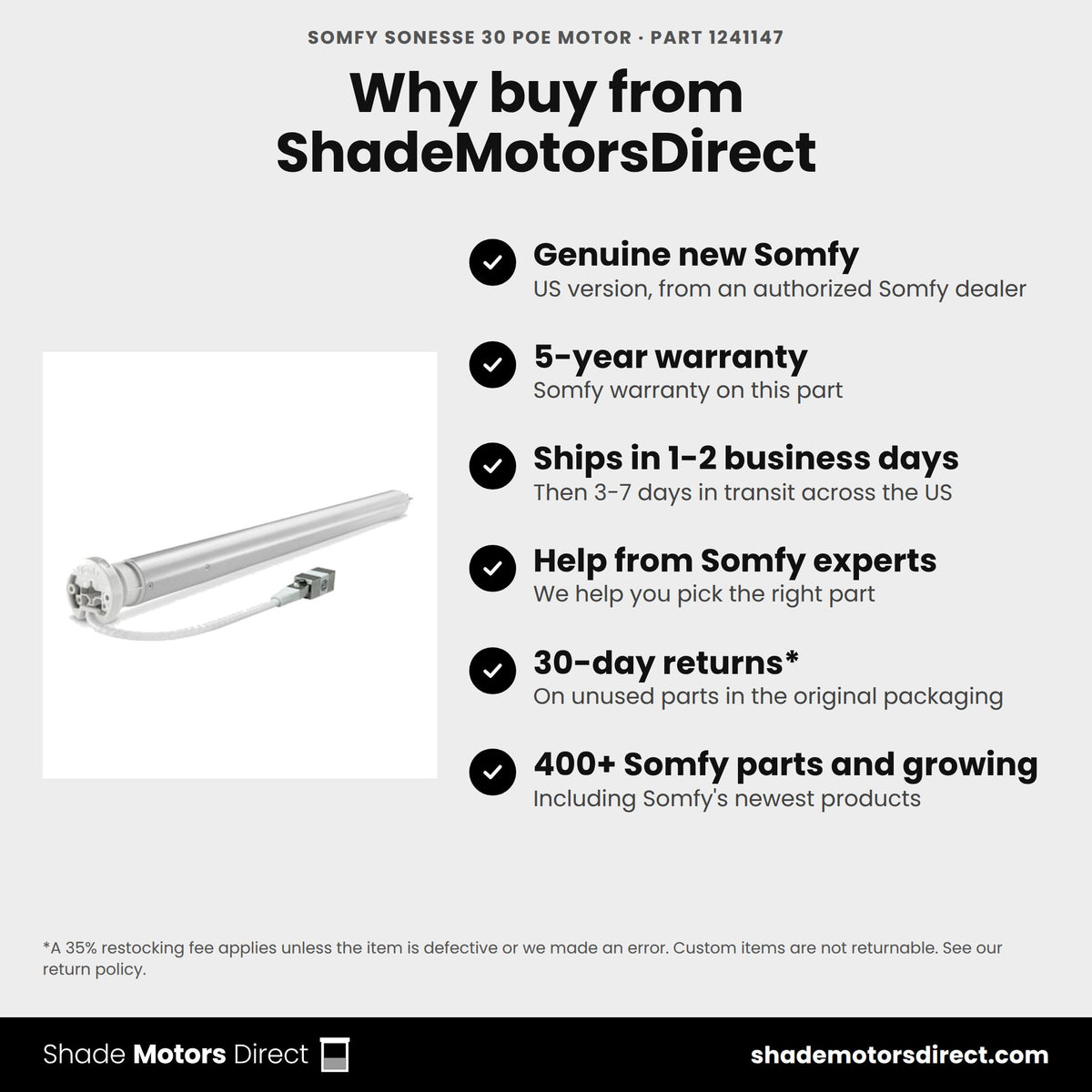 Buy the Somfy Sonesse 30 PoE Motor, part 1241147, genuine new with 5-year warranty, from ShadeMotorsDirect