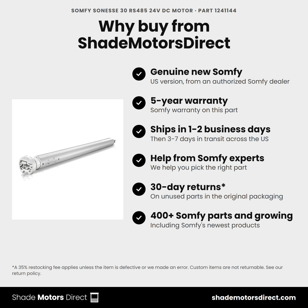 Buy the Somfy Sonesse 30 RS485 24V DC motor, part 1241144, genuine new with 5-year warranty, from ShadeMotorsDirect