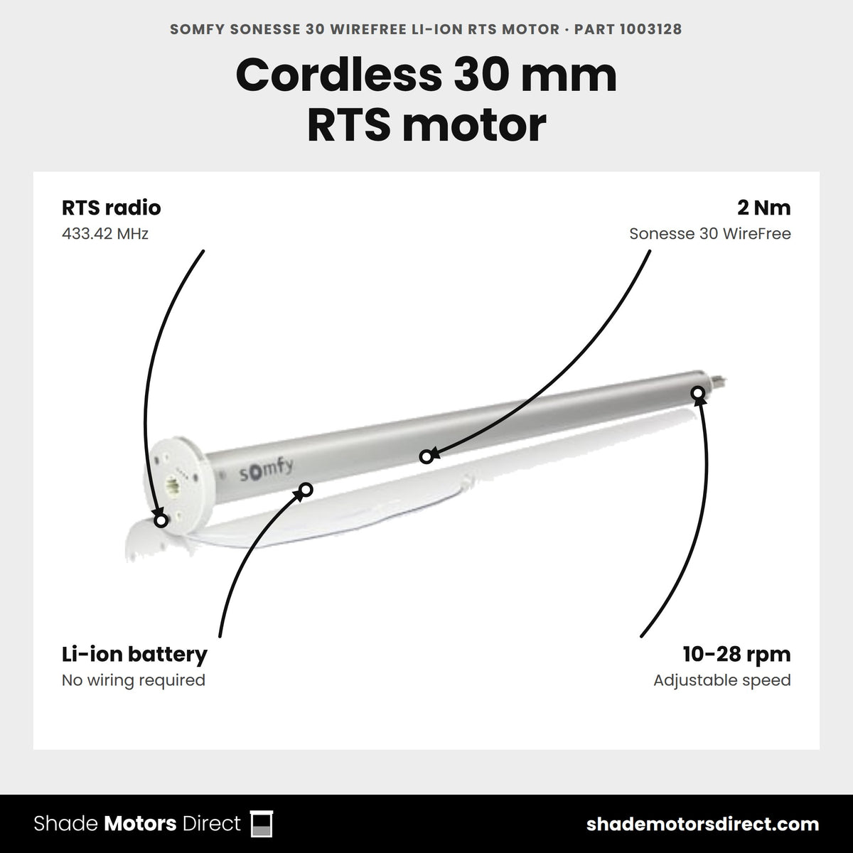 Somfy Sonesse 30 WireFree Li-ion RTS motor, part 1003128, features: RTS radio, 2 Nm, adjustable 10-28 rpm, rechargeable battery