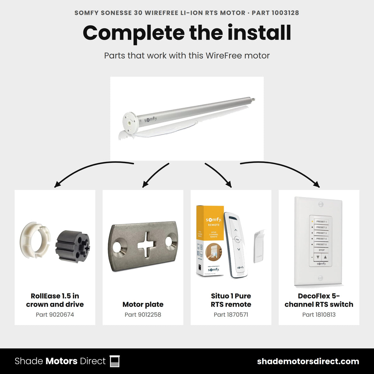 Parts that work with the Somfy Sonesse 30 WireFree motor 1003128: crown and drive 9020674, motor plate 9012258, Situo 1 Pure 1870571, DecoFlex 1810813