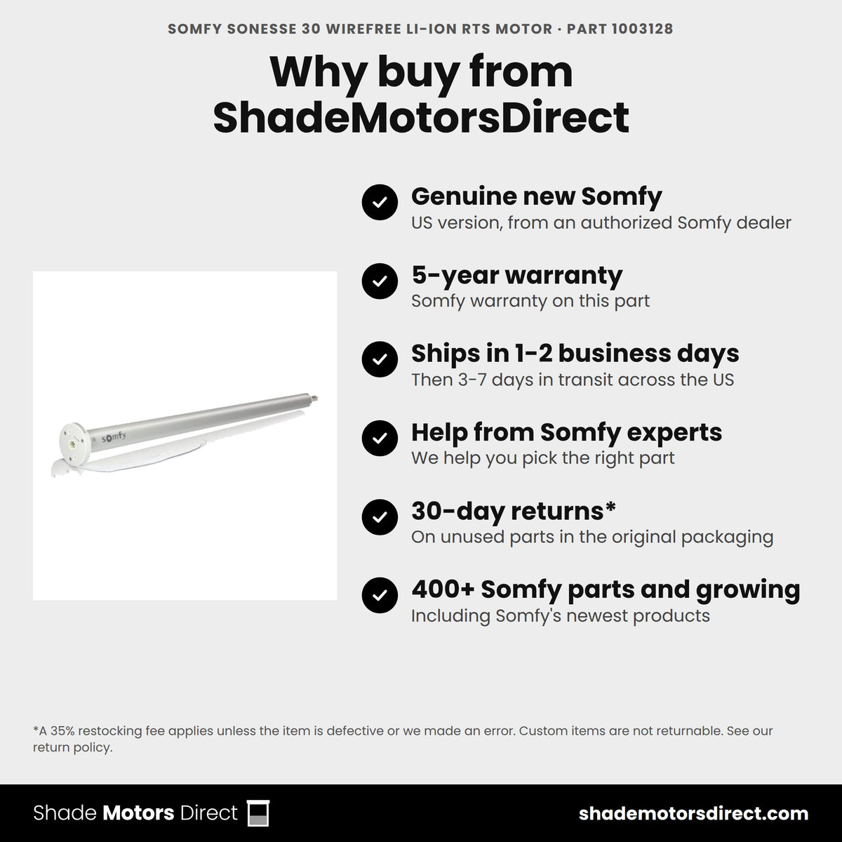 Buy the Somfy Sonesse 30 WireFree Li-ion RTS Motor, part 1003128, genuine new with 5-year warranty, from ShadeMotorsDirect