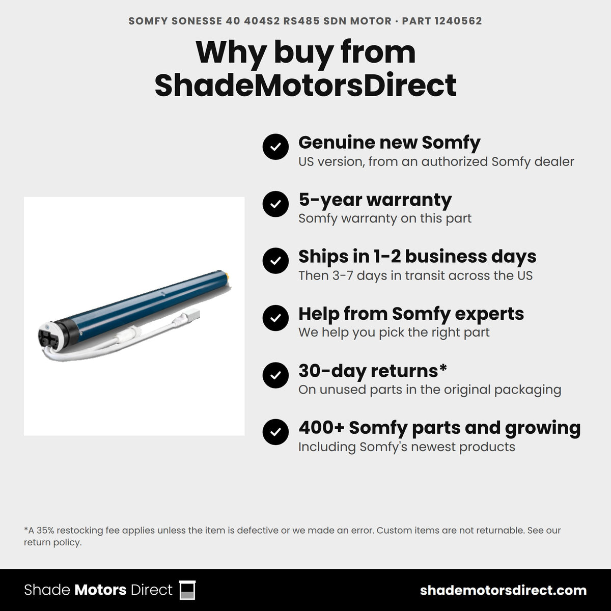 Buy the Somfy Sonesse 40 404S2 RS485 SDN Motor, part 1240562, genuine new with 5-year warranty, from ShadeMotorsDirect