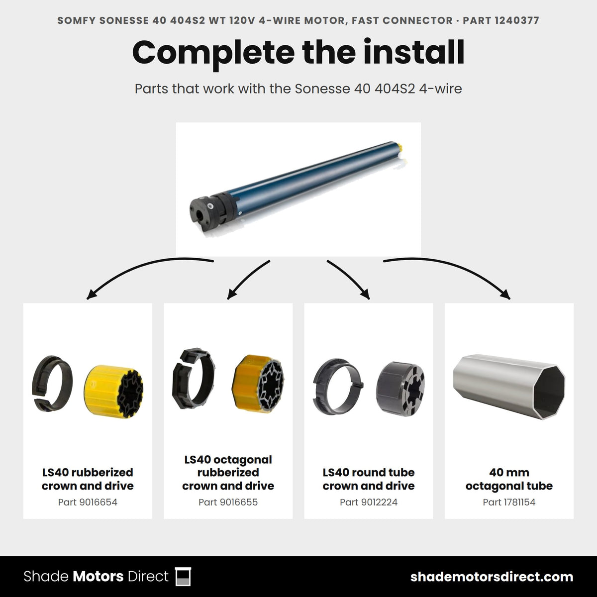 Parts that work with the Somfy Sonesse 40 404S2 4-wire motor 1240377: LS40 rubberized crown and drive 9016654, LS40 octagonal rubberized crown and drive 9016655, LS40 round tube crown and drive 9012224, 40 mm octagonal tube 1781154