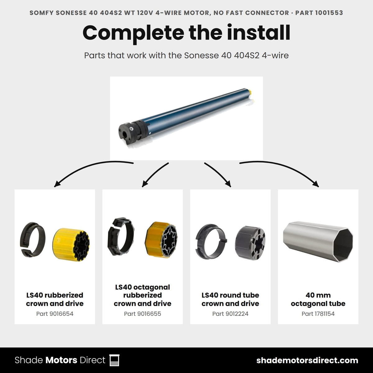 Parts that work with the Somfy Sonesse 40 404S2 4-wire motor 1001553: LS40 rubberized crown and drive 9016654, LS40 octagonal rubberized crown and drive 9016655, LS40 round tube crown and drive 9012224, 40 mm octagonal tube 1781154