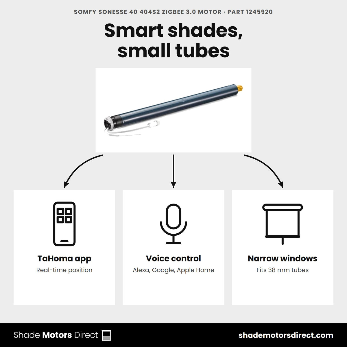 Somfy Sonesse 40 404S2 Zigbee motor 1245920 uses: TaHoma app control with position feedback, voice control, small-diameter tubes