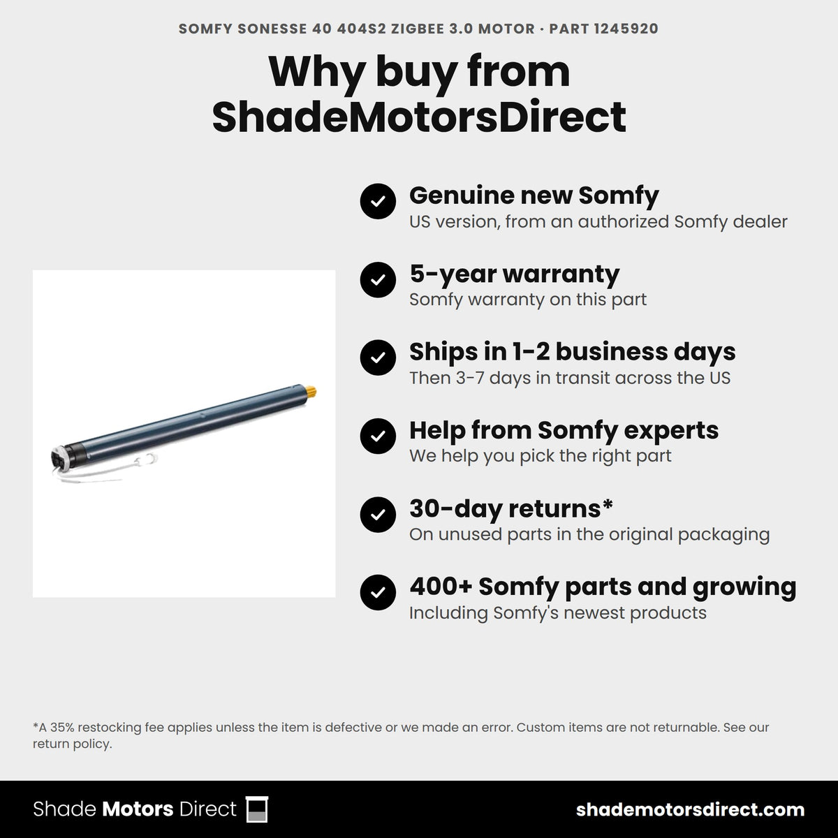 Buy the Somfy Sonesse 40 404S2 Zigbee 3.0 Motor, part 1245920, genuine new with 5-year warranty, from ShadeMotorsDirect
