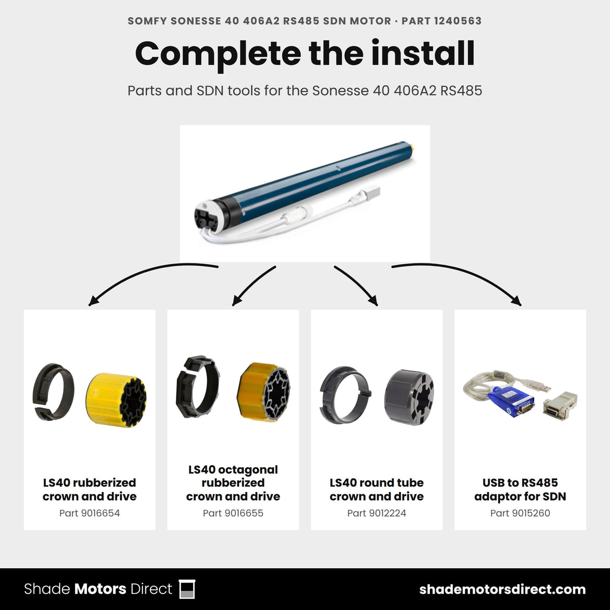 Parts that work with the Somfy Sonesse 40 406A2 RS485 motor 1240563: LS40 rubberized crown and drive 9016654, LS40 octagonal rubberized crown and drive 9016655, LS40 round tube crown and drive 9012224, USB to RS485 adaptor for SDN 9015260