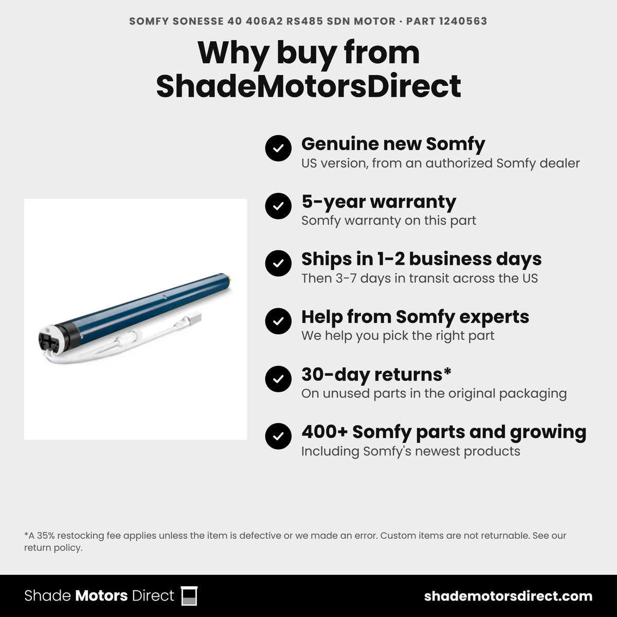 Buy the Somfy Sonesse 40 406A2 RS485 SDN Motor, part 1240563, genuine new with 5-year warranty, from ShadeMotorsDirect