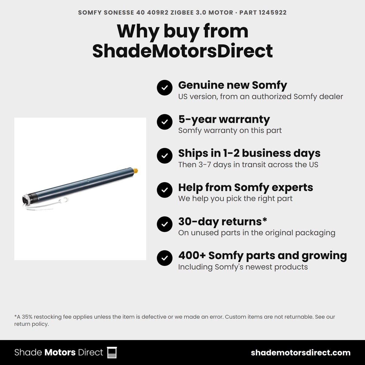 Buy the Somfy Sonesse 40 409R2 Zigbee 3.0 Motor, part 1245922, genuine new with 5-year warranty, from ShadeMotorsDirect