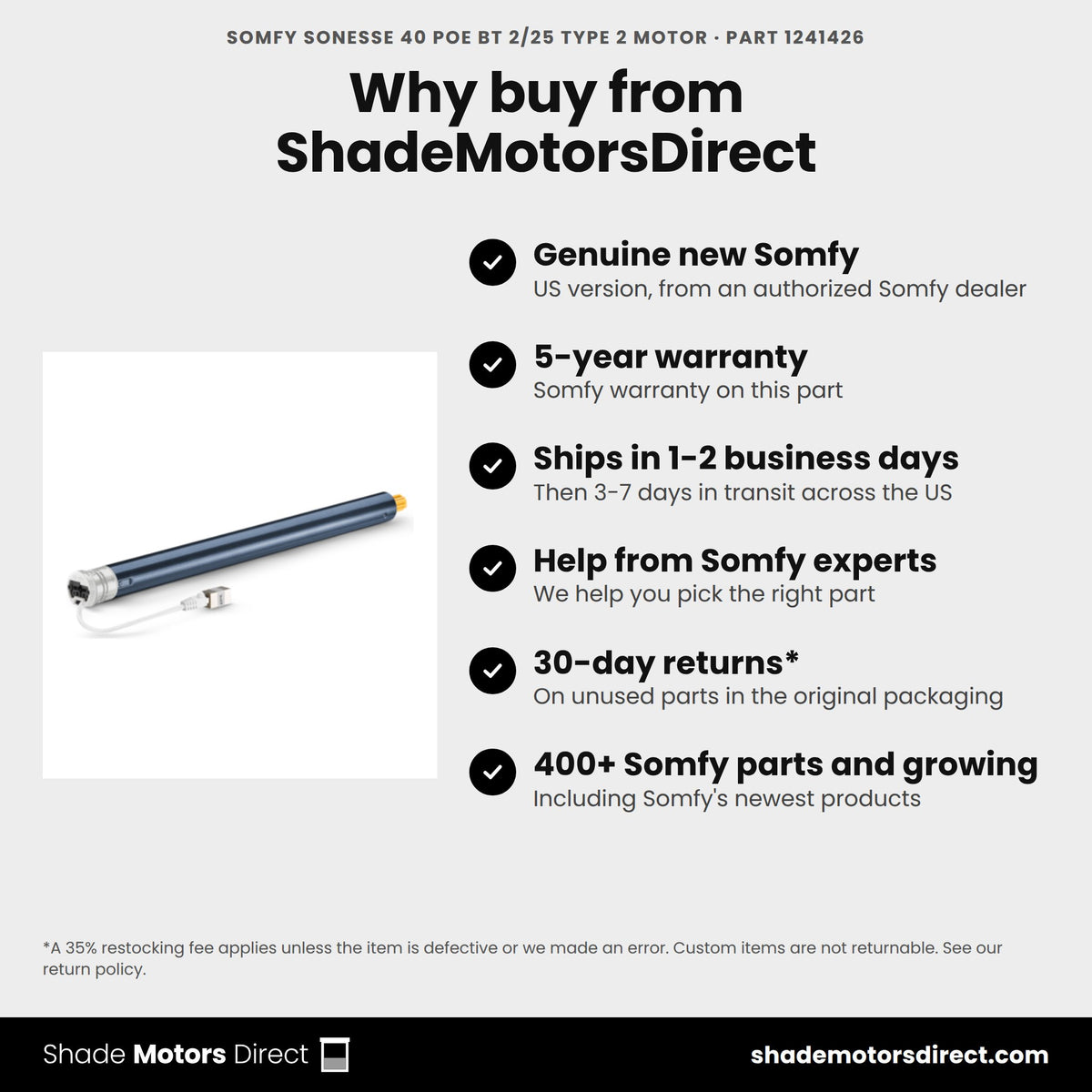Buy the Somfy Sonesse 40 PoE bt 2/25 Type 2 Motor, part 1241426, genuine new with 5-year warranty, from ShadeMotorsDirect