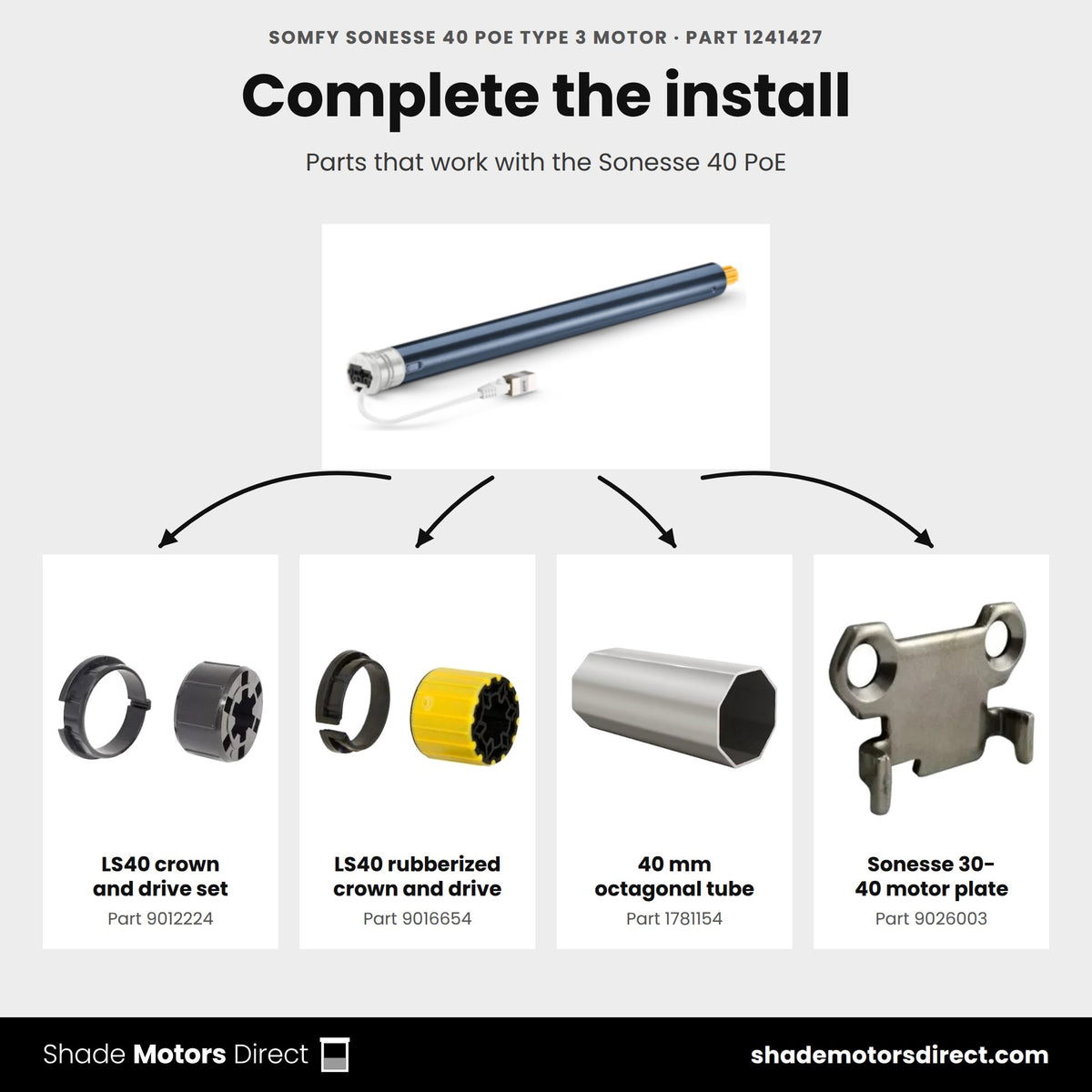 Parts that work with the Somfy Sonesse 40 PoE motor 1241427: LS40 crown and drive 9012224, rubberized set 9016654, 40 mm tube 1781154, motor plate 9026003