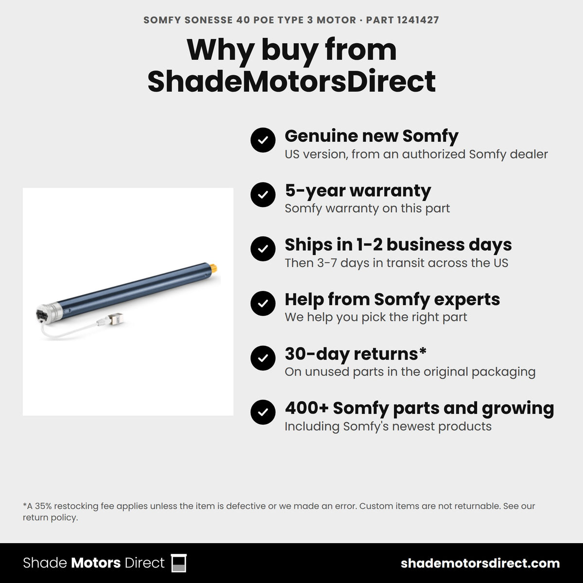 Buy the Somfy Sonesse 40 PoE Type 3 motor, part 1241427, genuine new with 5-year warranty, from ShadeMotorsDirect