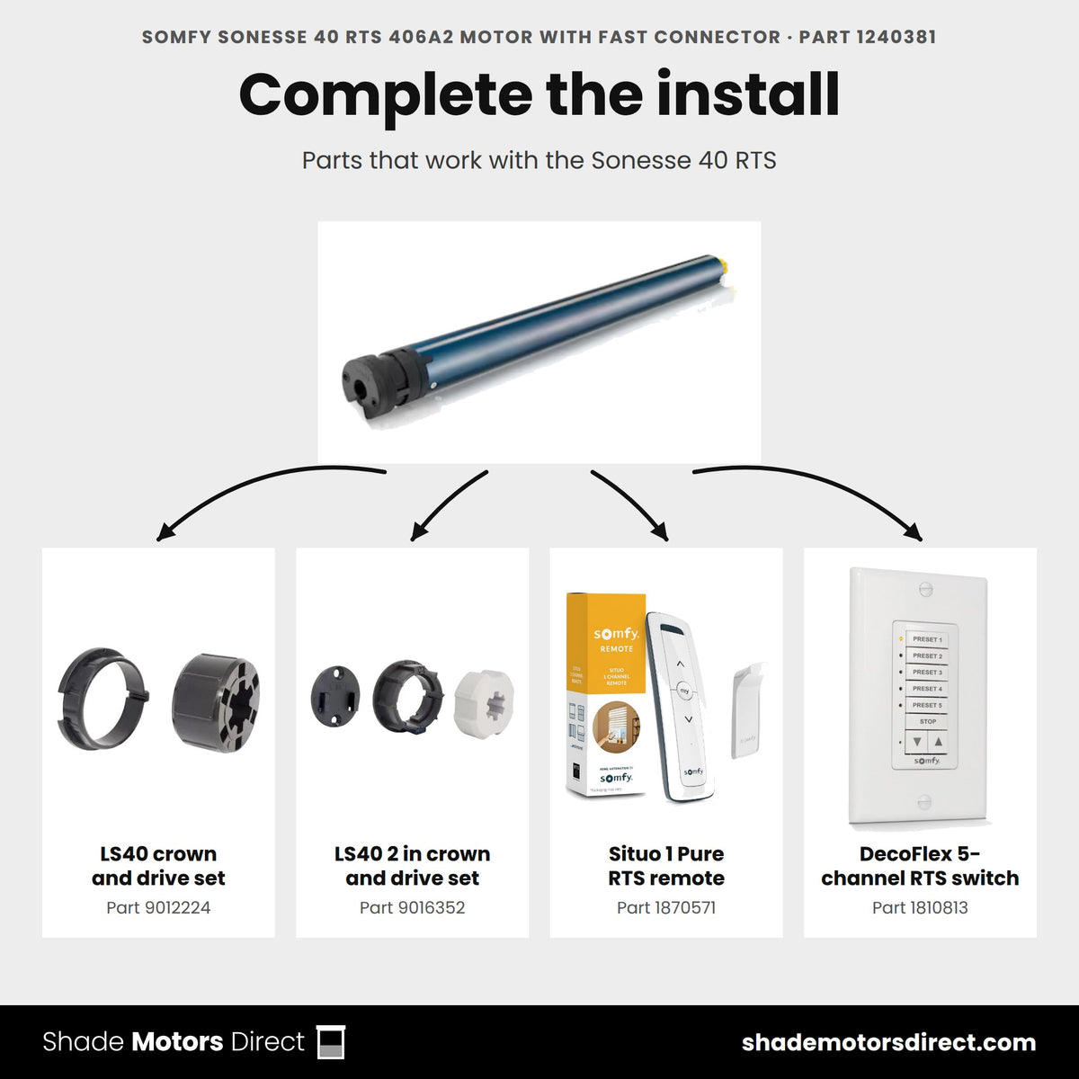 Parts that work with the Somfy Sonesse 40 RTS motor 1240381: LS40 crown and drive 9012224, LS40 2 in crown and drive 9016352, Situo 1 Pure 1870571, DecoFlex 1810813
