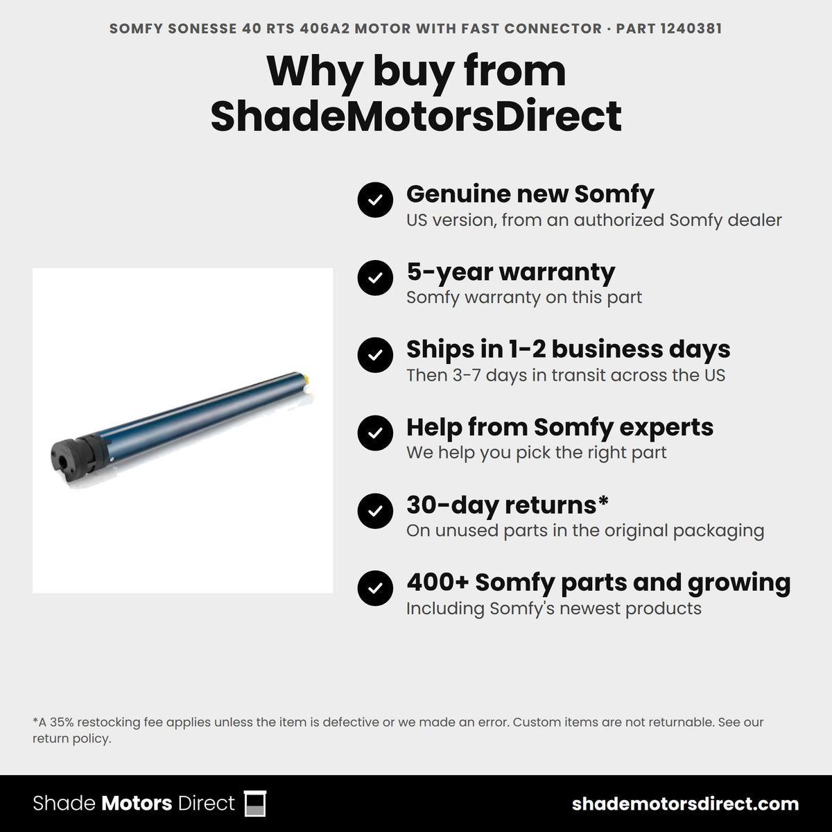 Buy the Somfy Sonesse 40 RTS 406A2 motor, part 1240381, genuine new with 5-year warranty, from ShadeMotorsDirect