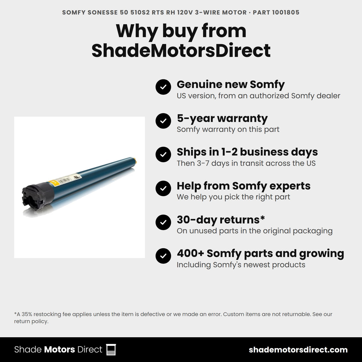 Buy the Somfy Sonesse 50 510S2 RTS RH 120V 3-Wire Motor, part 1001805, genuine new with 5-year warranty, from ShadeMotorsDirect