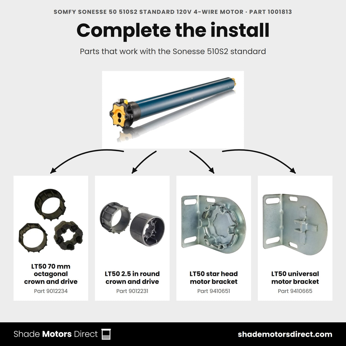 Parts that work with the Somfy Sonesse 510S2 motor 1001813: LT50 70 mm octagonal crown and drive 9012234, LT50 2.5 in round crown and drive 9012231, LT50 star head motor bracket 9410651, LT50 universal motor bracket 9410665