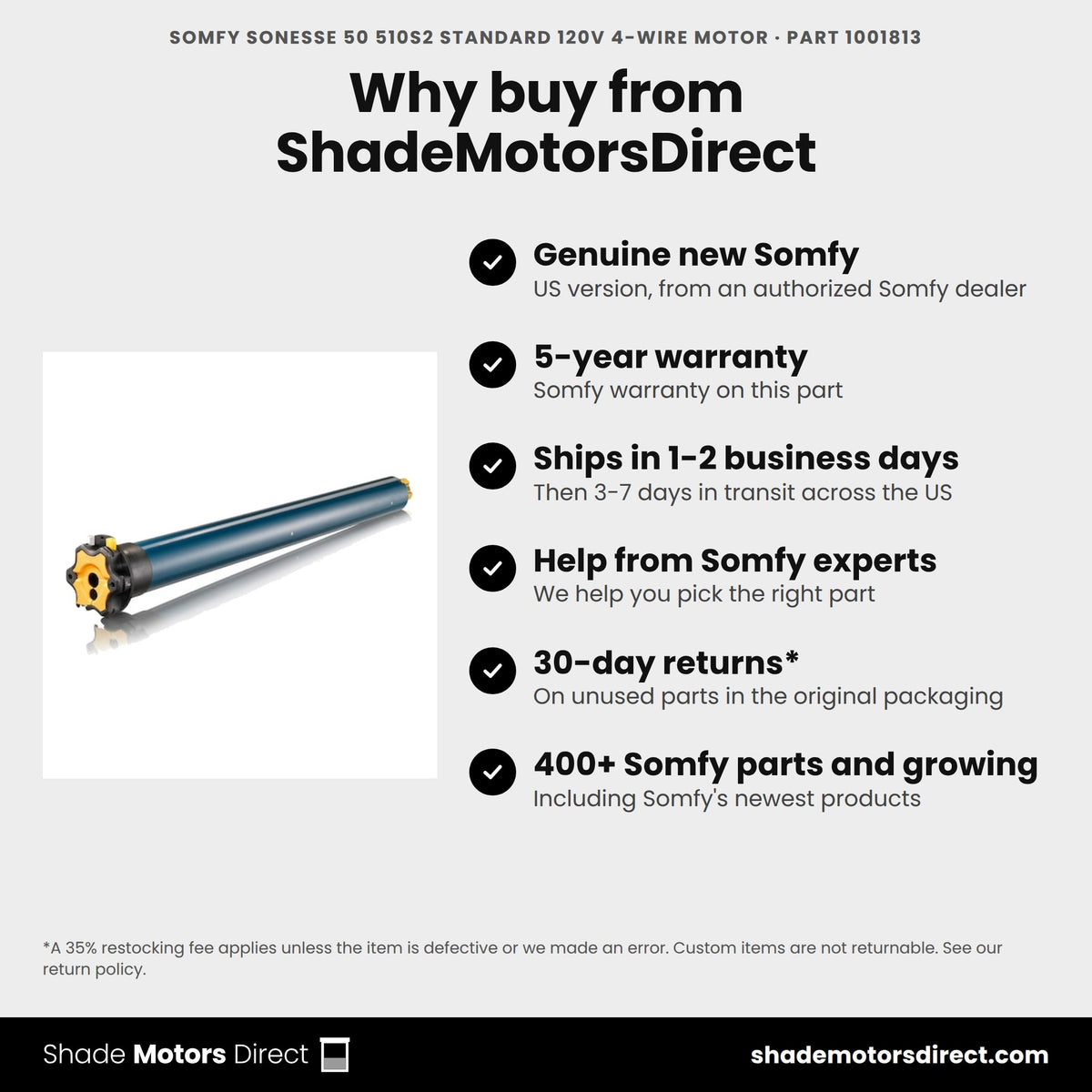 Buy the Somfy Sonesse 50 510S2 Standard 120V 4-Wire Motor, part 1001813, genuine new with 5-year warranty, from ShadeMotorsDirect