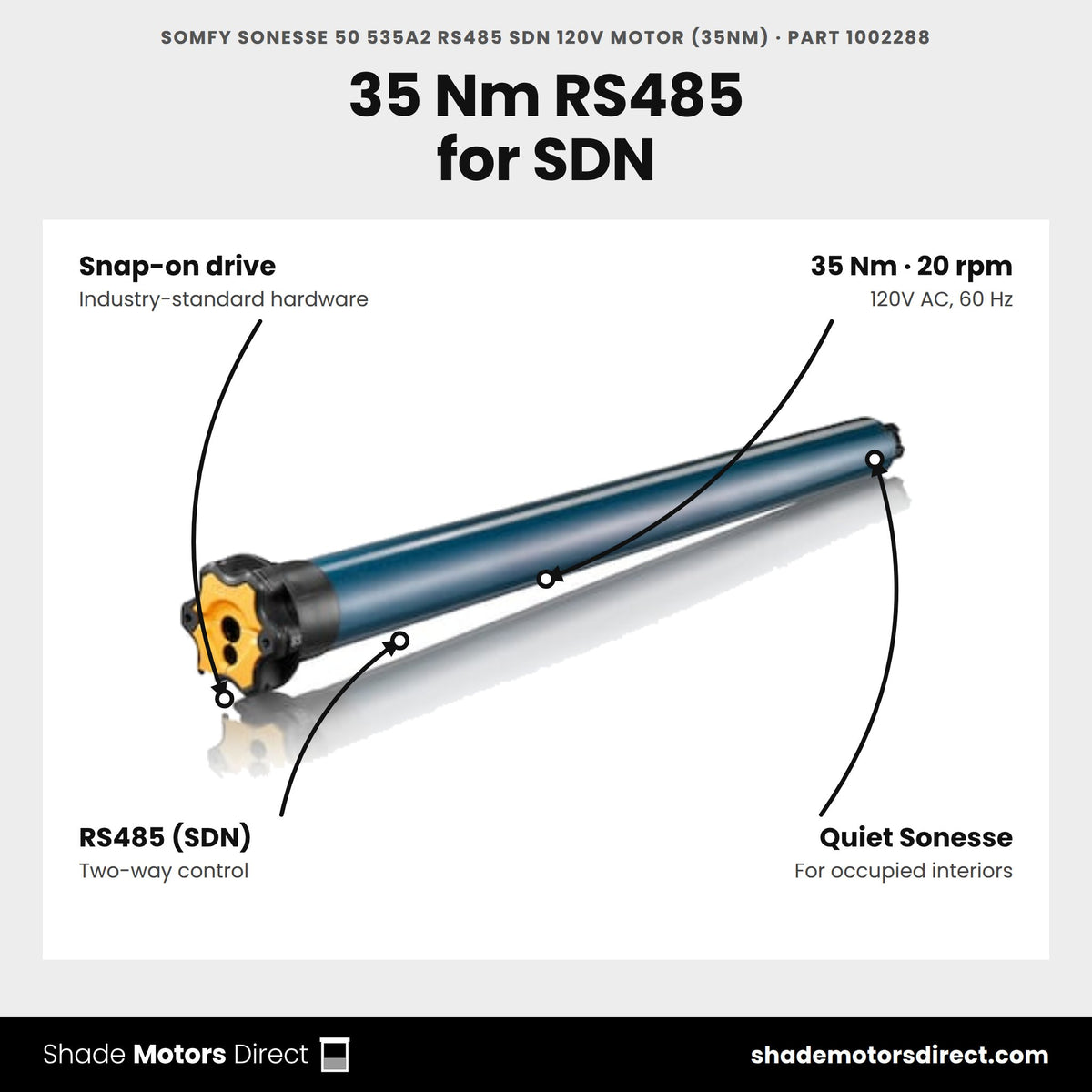 Somfy Sonesse 50 535A2 RS485 SDN 120V Motor (35Nm), part 1002288, features: 35 Nm, 20 rpm, two-way RS485 SDN, quiet Sonesse, snap-on drive