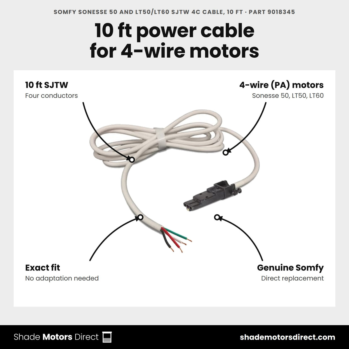 Somfy Sonesse 50 and LT50/LT60 SJTW 4C cable 10 ft, part 9018345, genuine 4-conductor power cable for 4-wire motors