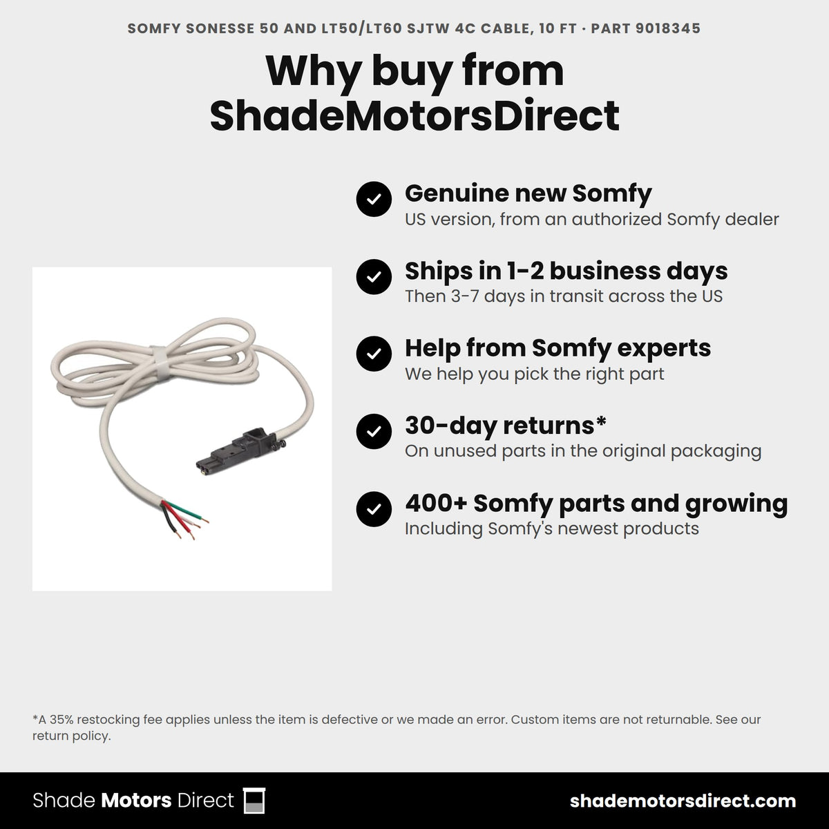 Buy the Somfy Sonesse 50 and LT50/LT60 SJTW 4C Cable, 10 ft, part 9018345, genuine new, from ShadeMotorsDirect