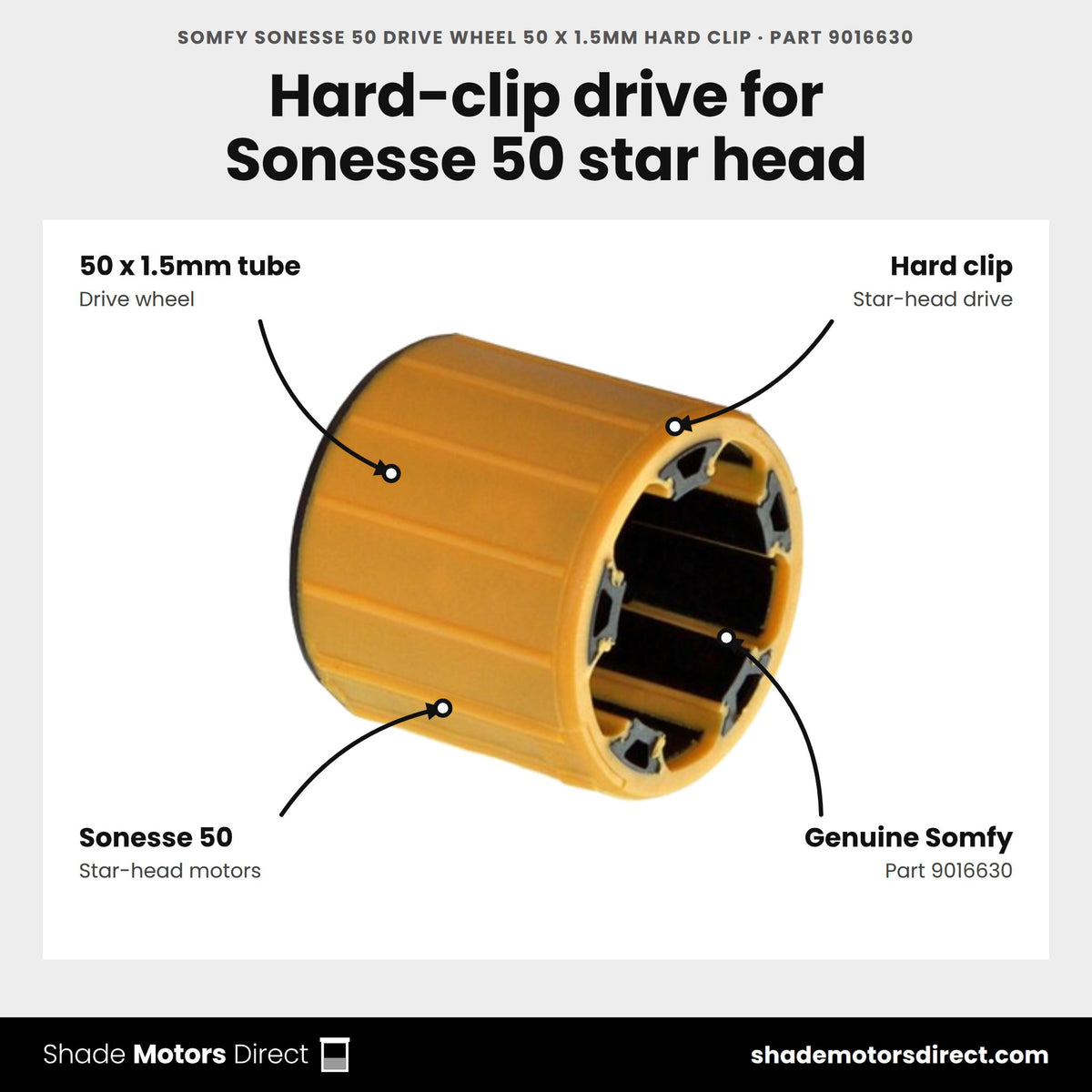 Somfy Sonesse 50 Drive Wheel 50 x 1.5mm Hard Clip, part 9016630, features: hard-clip drive wheel for 50 x 1.5mm tube, for standard star-head Sonesse 50 motors
