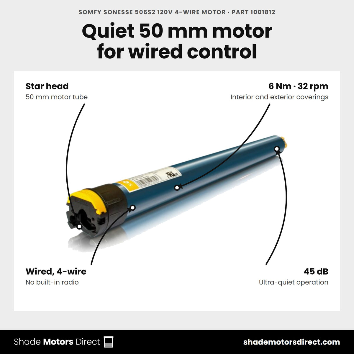 Somfy Sonesse 506S2 120V 4-wire motor, part 1001812, features: star head, 50 mm, 6 Nm, 32 rpm, wired control, 45 dB