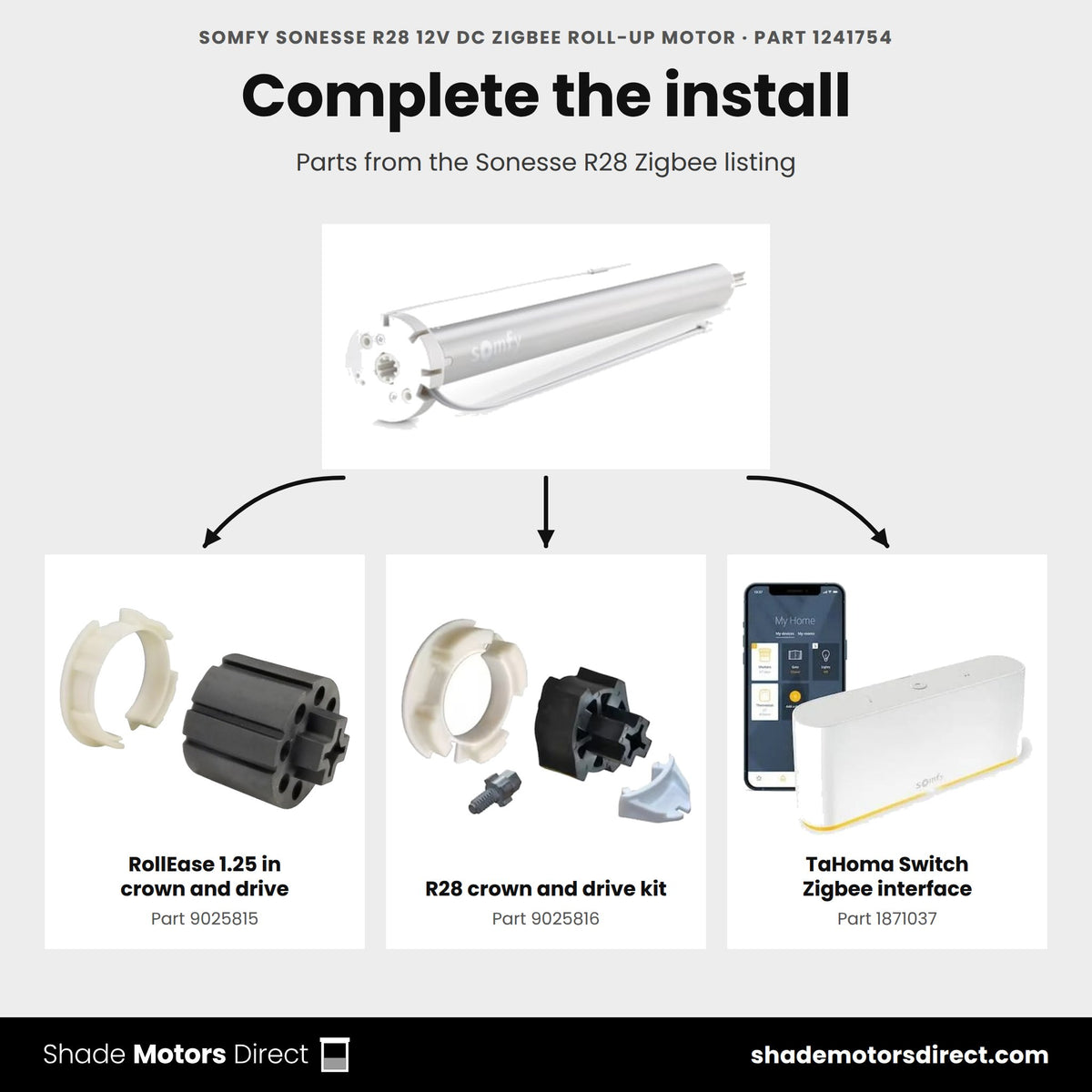 Parts that work with the Somfy Sonesse R28 Zigbee motor 1241754: RollEase 1.25 in crown and drive 9025815, R28 crown and drive kit 9025816, TaHoma Switch Zigbee interface 1871037
