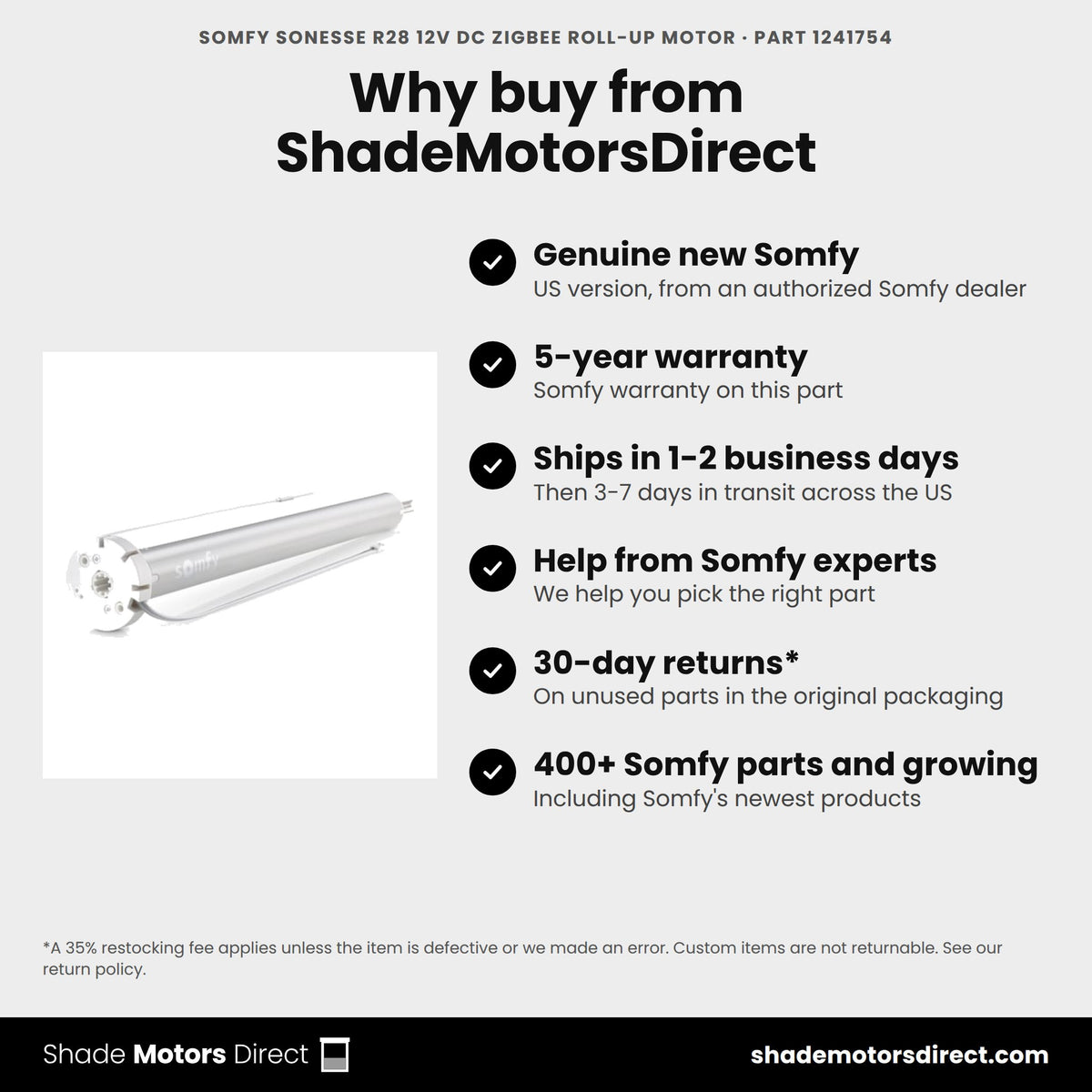 Buy the Somfy Sonesse R28 12V DC Zigbee Roll-Up Motor, part 1241754, genuine new with 5-year warranty, from ShadeMotorsDirect