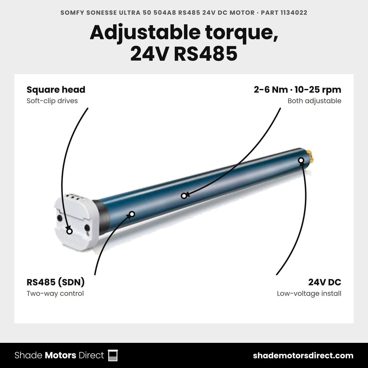 Somfy Sonesse ULTRA 50 504A8 RS485 24V DC Motor, part 1134022, features: adjustable 2-6 Nm and 10-25 rpm, two-way RS485, 24V DC, square-head ULTRA mount