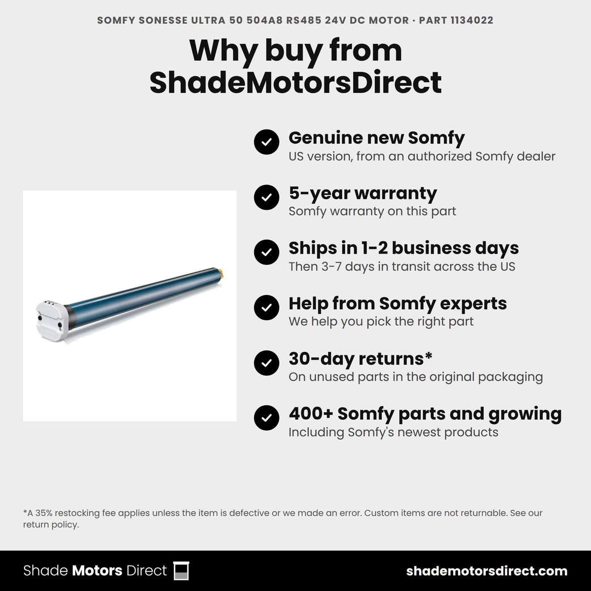 Buy the Somfy Sonesse ULTRA 50 504A8 RS485 24V DC Motor, part 1134022, genuine new with 5-year warranty, from ShadeMotorsDirect
