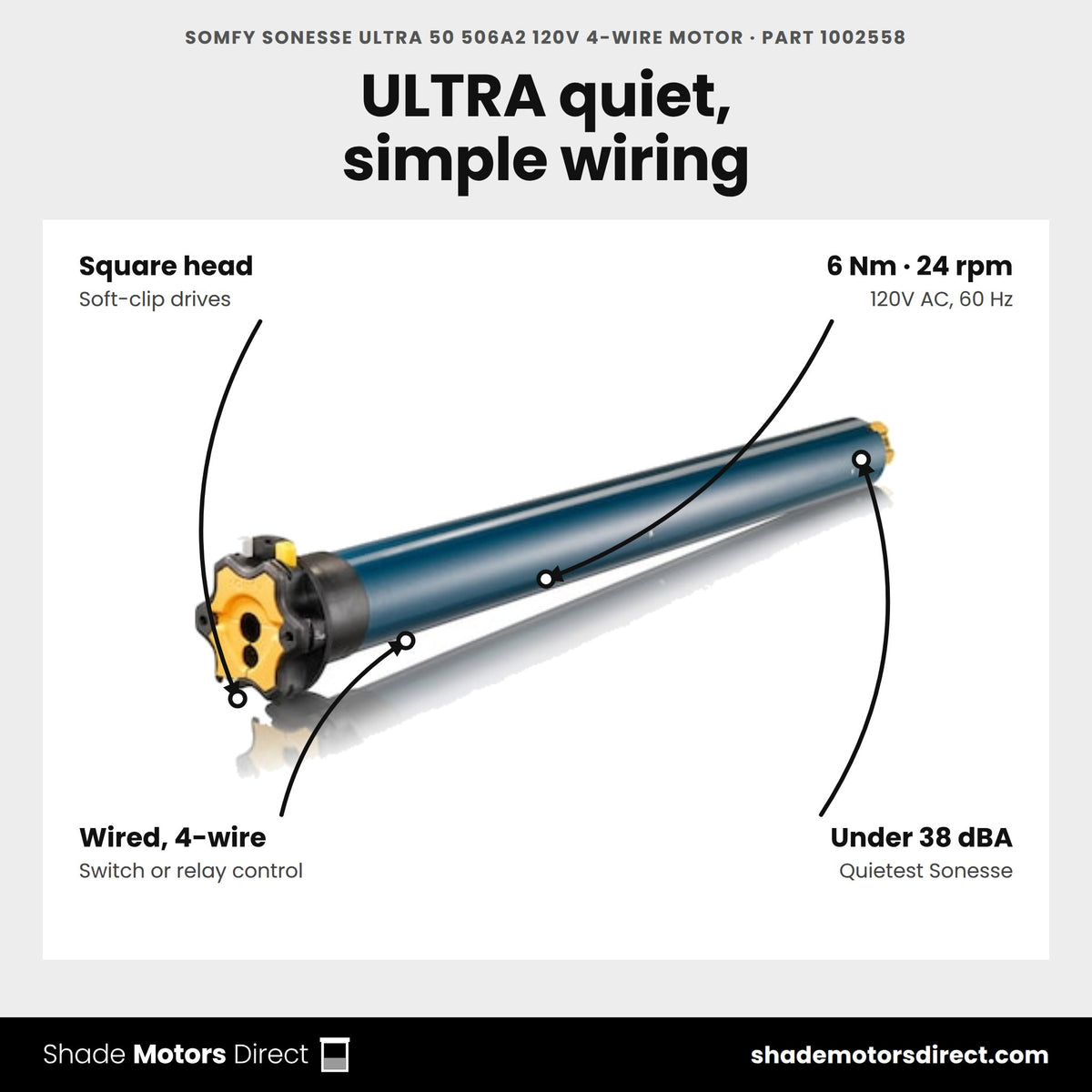 Somfy Sonesse ULTRA 50 506A2 120V 4-Wire Motor, part 1002558, features: 6 Nm, 24 rpm, square head, wired 4-wire control, under 38 dBA, multi-band up to six shades