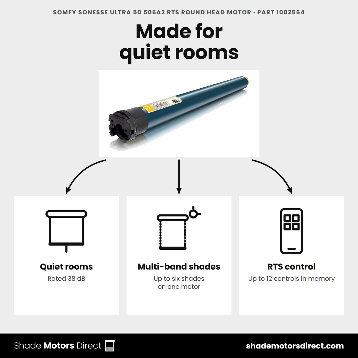 Somfy Sonesse ULTRA 506A2 round head 1002564 uses: quiet rooms, multi-band up to six shades, RTS control