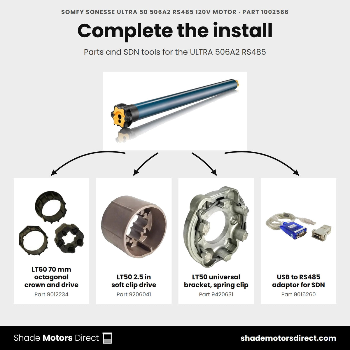 Parts that work with the Somfy Sonesse ULTRA 50 506A2 RS485 motor 1002566: LT50 70 mm octagonal crown and drive 9012234, LT50 2.5 in soft clip drive 9206041, LT50 universal bracket, spring clip 9420631, USB to RS485 adaptor for SDN 9015260