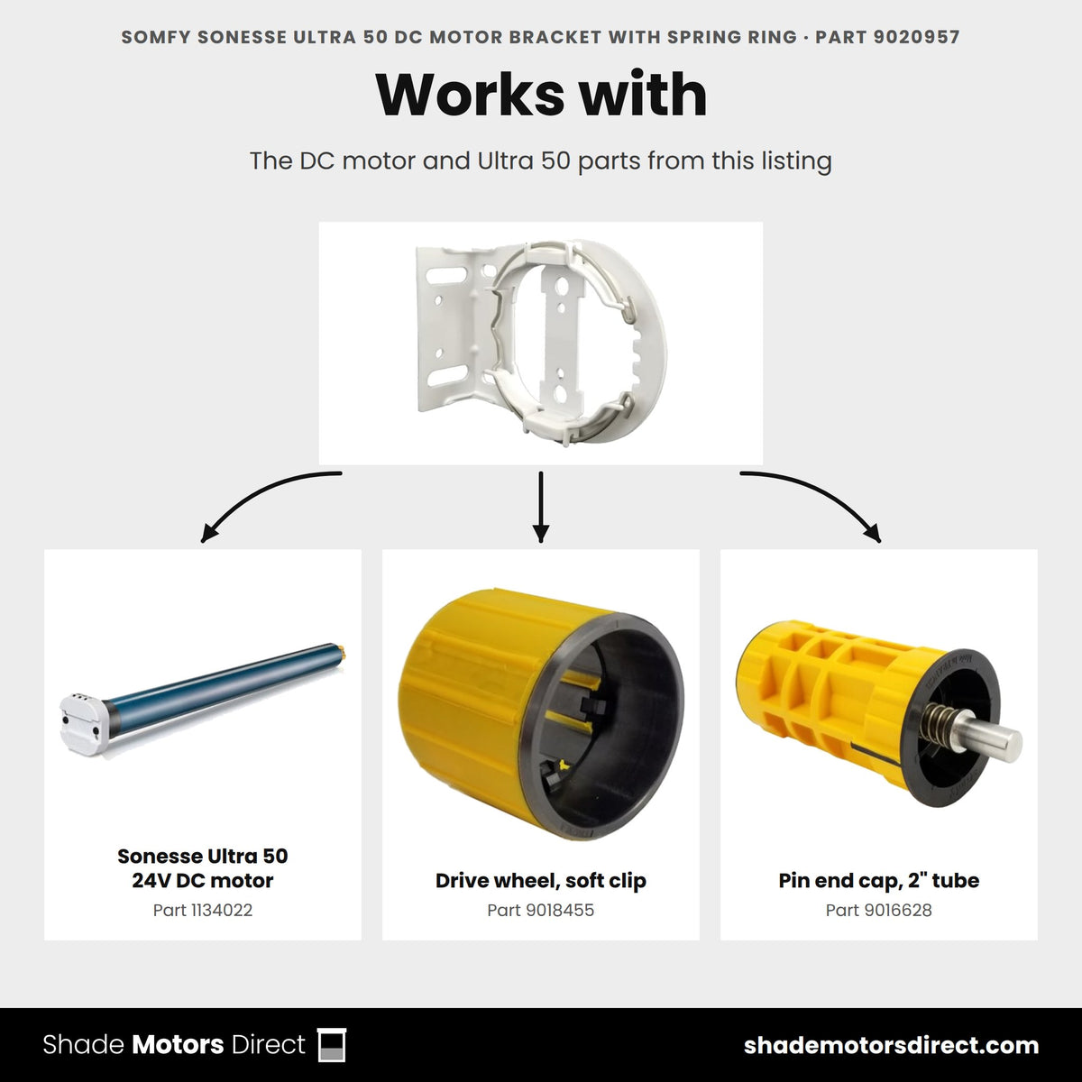 Parts that work with the Somfy Sonesse Ultra 50 DC motor bracket 9020957: Sonesse Ultra 50 24V DC motor 1134022, Drive wheel, soft clip 9018455, Pin end cap, 2" tube 9016628