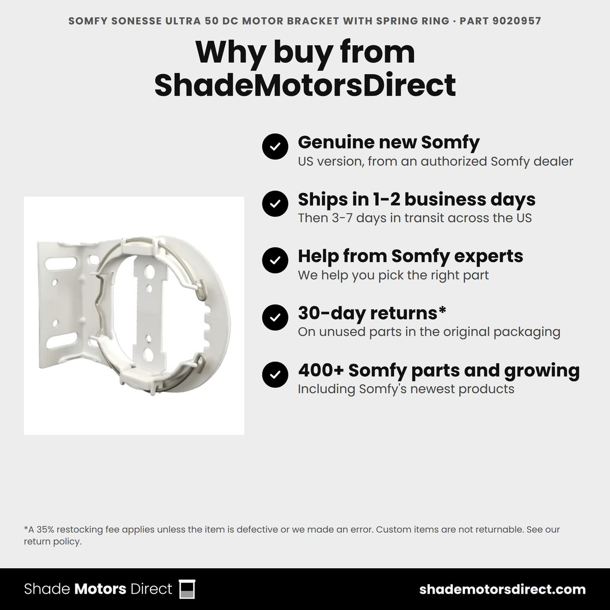 Buy the Somfy Sonesse Ultra 50 DC Motor Bracket with Spring Ring, part 9020957, genuine new, from ShadeMotorsDirect