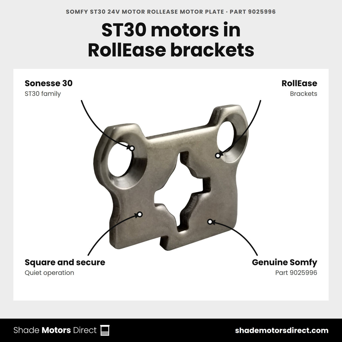 Somfy ST30 24V Motor Rollease Motor Plate, part 9025996, features: motor plate that mounts Sonesse 30 / ST30 motor heads in RollEase brackets