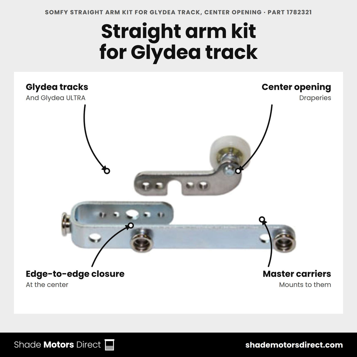 Somfy Straight Arm Kit for Glydea Track, Center Opening, part 1782321, features: arms that mount to Glydea master carriers for an edge-to-edge closure on center-opening draperies