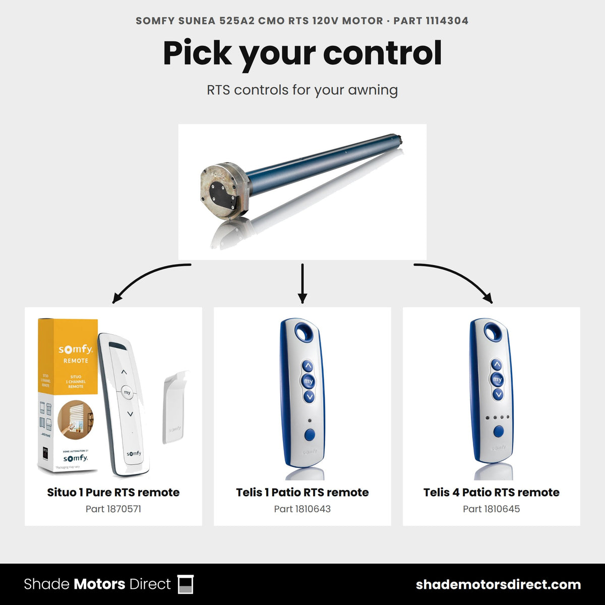 RTS controls that work with the Somfy Sunea 525A2 CMO motor 1114304: Situo 1 Pure 1870571, Telis 1 Patio 1810643, Telis 4 Patio 1810645