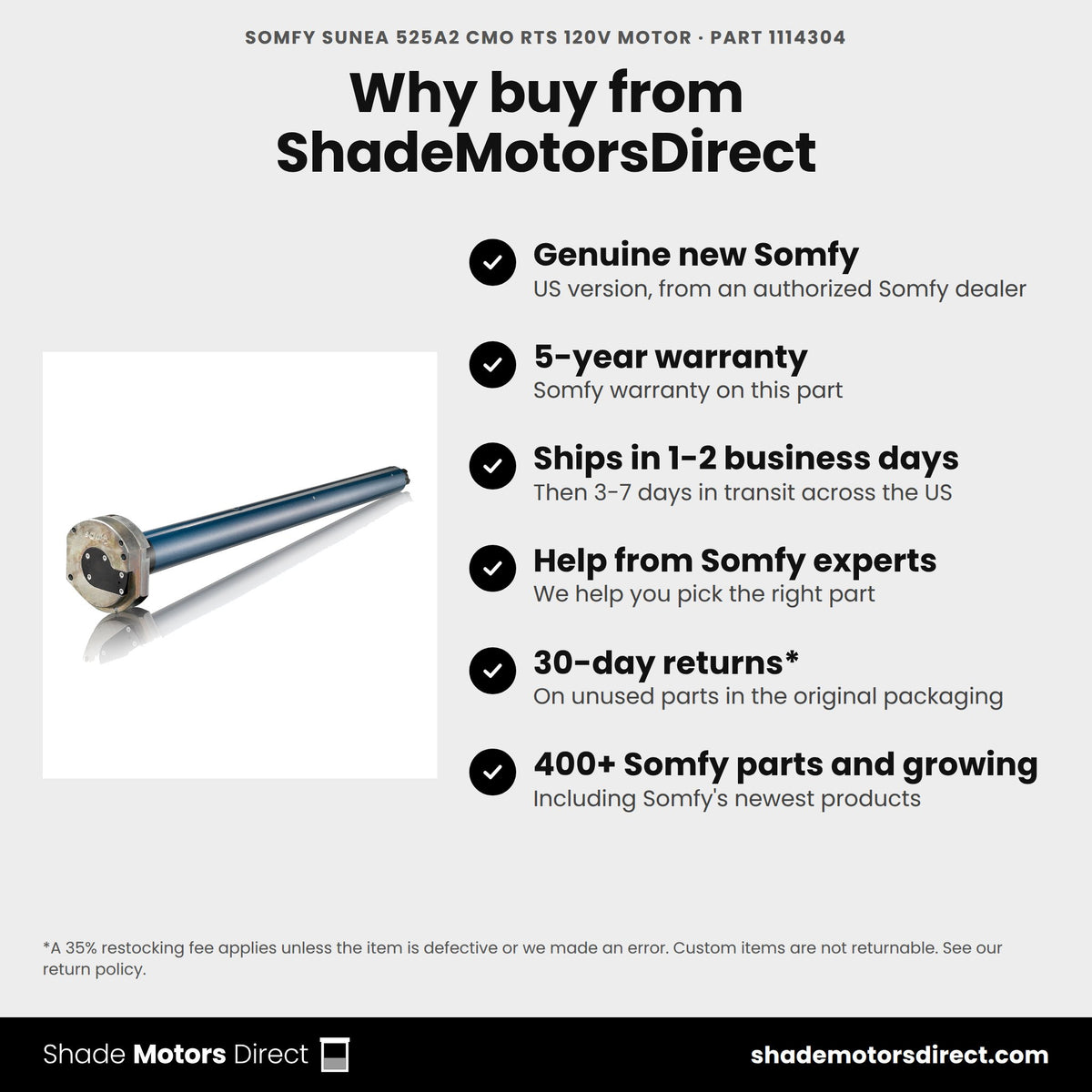 Buy the Somfy Sunea 525A2 CMO RTS 120V Motor, part 1114304, genuine new with 5-year warranty, from ShadeMotorsDirect