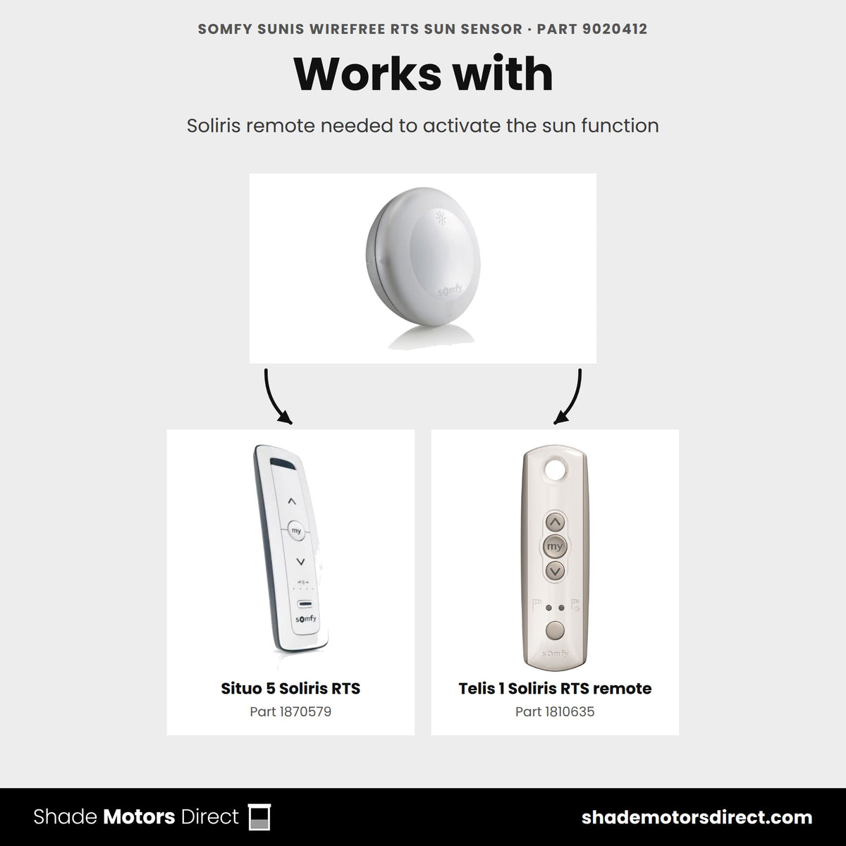 Parts that work with the Somfy Sunis WireFree RTS sun sensor 9020412: Situo 5 Soliris RTS 1870579, Telis 1 Soliris RTS remote 1810635