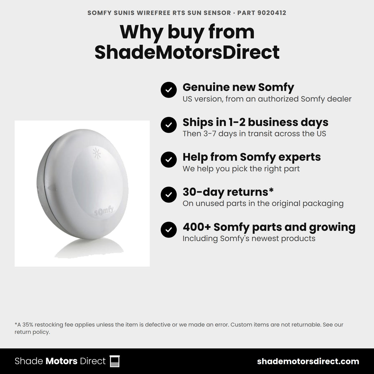 Buy the Somfy Sunis WireFree RTS Sun Sensor, part 9020412, genuine new, from ShadeMotorsDirect