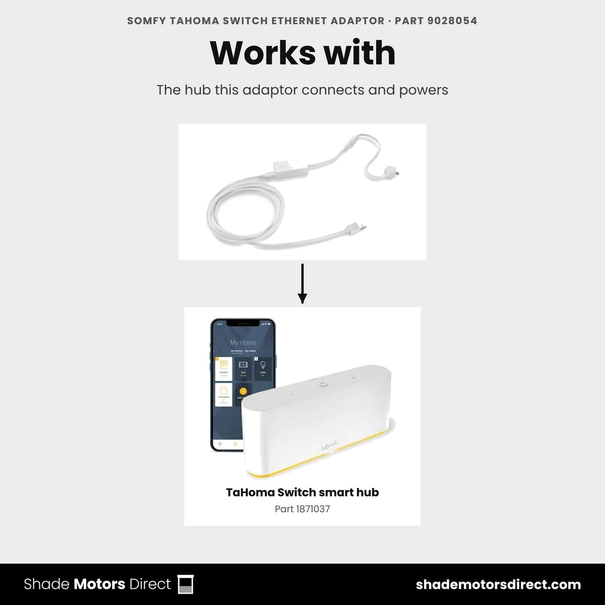 Parts that work with the Somfy TaHoma switch Ethernet adaptor 9028054: TaHoma Switch smart hub 1871037