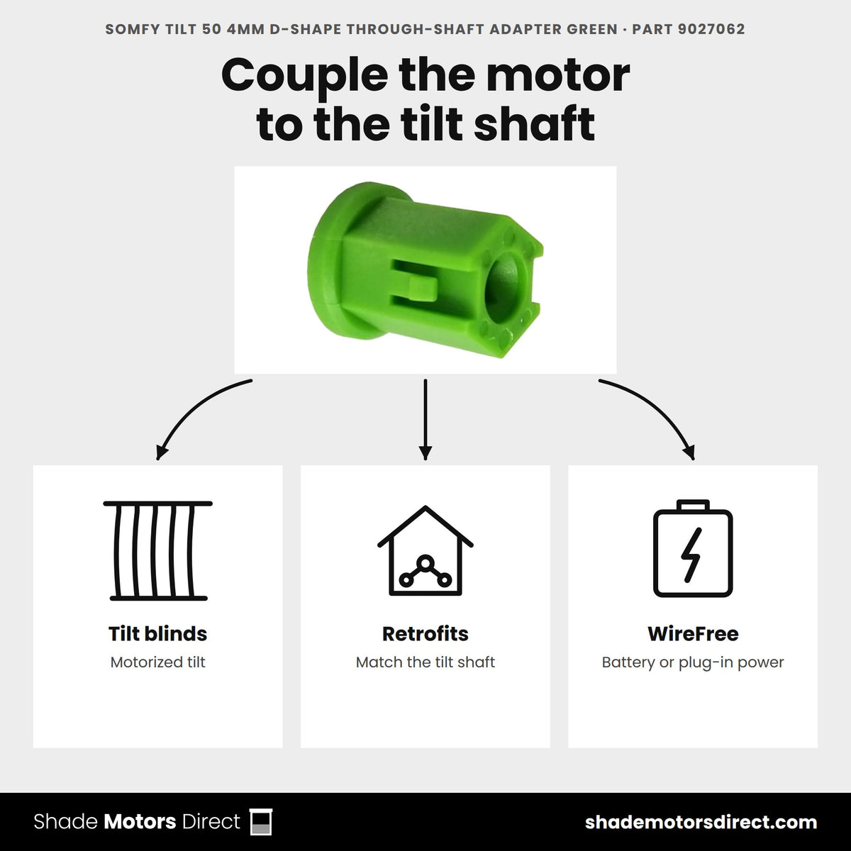 Somfy Tilt 50 4mm D-shape through-shaft adapter 9027062 uses: motorized tilt blinds and retrofits with the Tilt 50 WireFree through-shaft motor