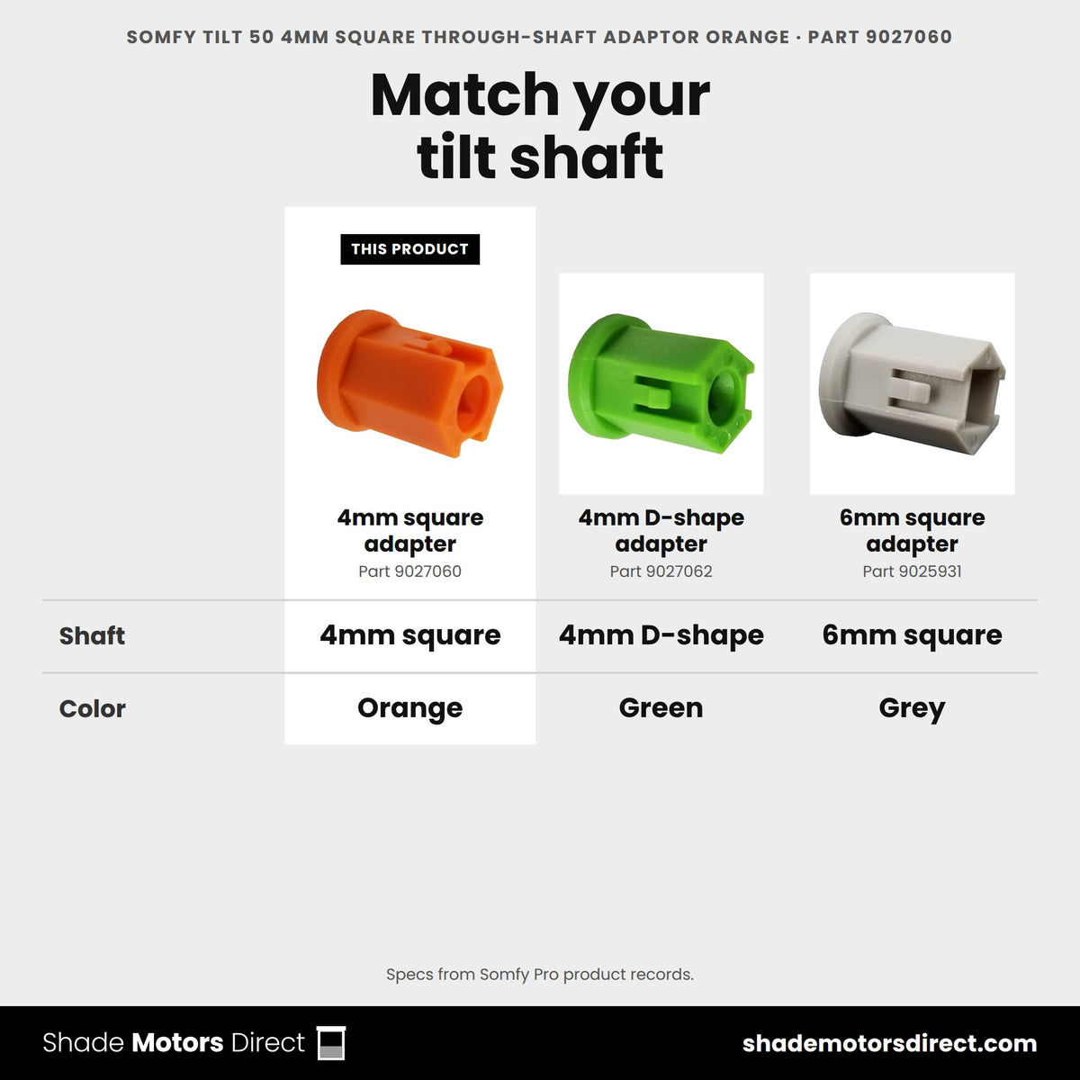 Somfy Tilt 50 4mm square through-shaft adapter 9027060 compared: 4mm D-shape adapter 9027062, 6mm square adapter 9025931