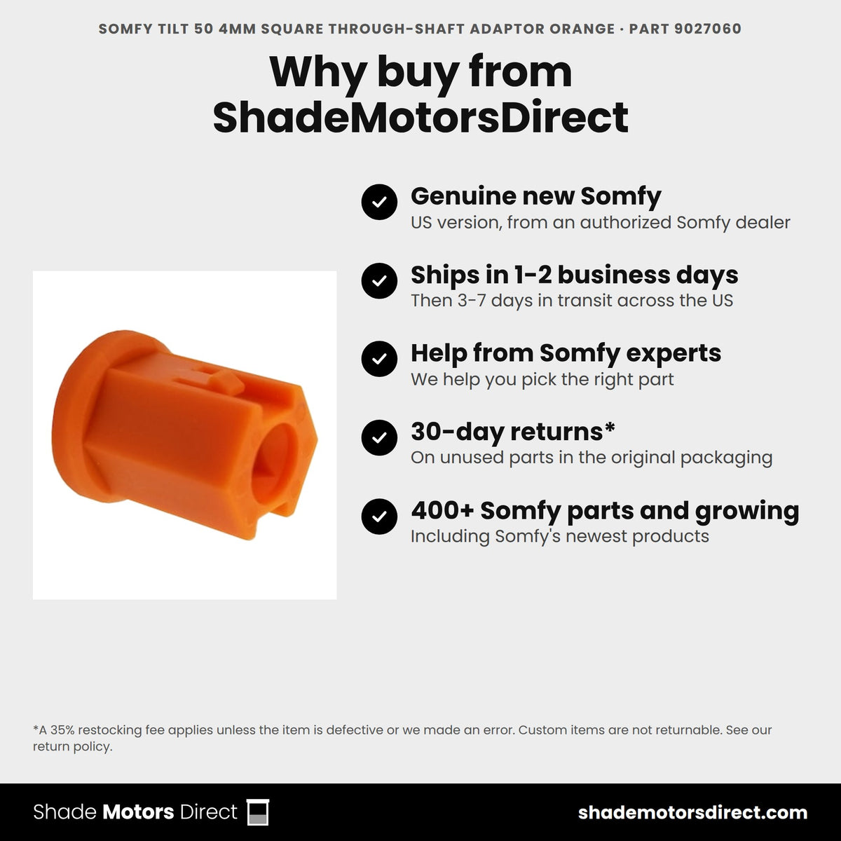 Buy the Somfy Tilt 50 4mm Square Through-Shaft Adaptor Orange, part 9027060, genuine new, from ShadeMotorsDirect