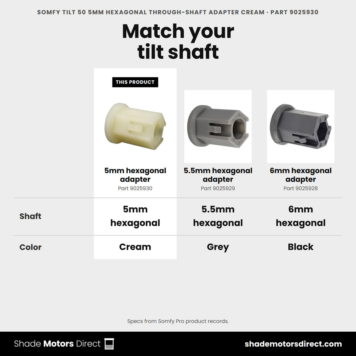 Somfy Tilt 50 5mm hexagonal through-shaft adapter 9025930 compared: 5.5mm hexagonal adapter 9025929, 6mm hexagonal adapter 9025928