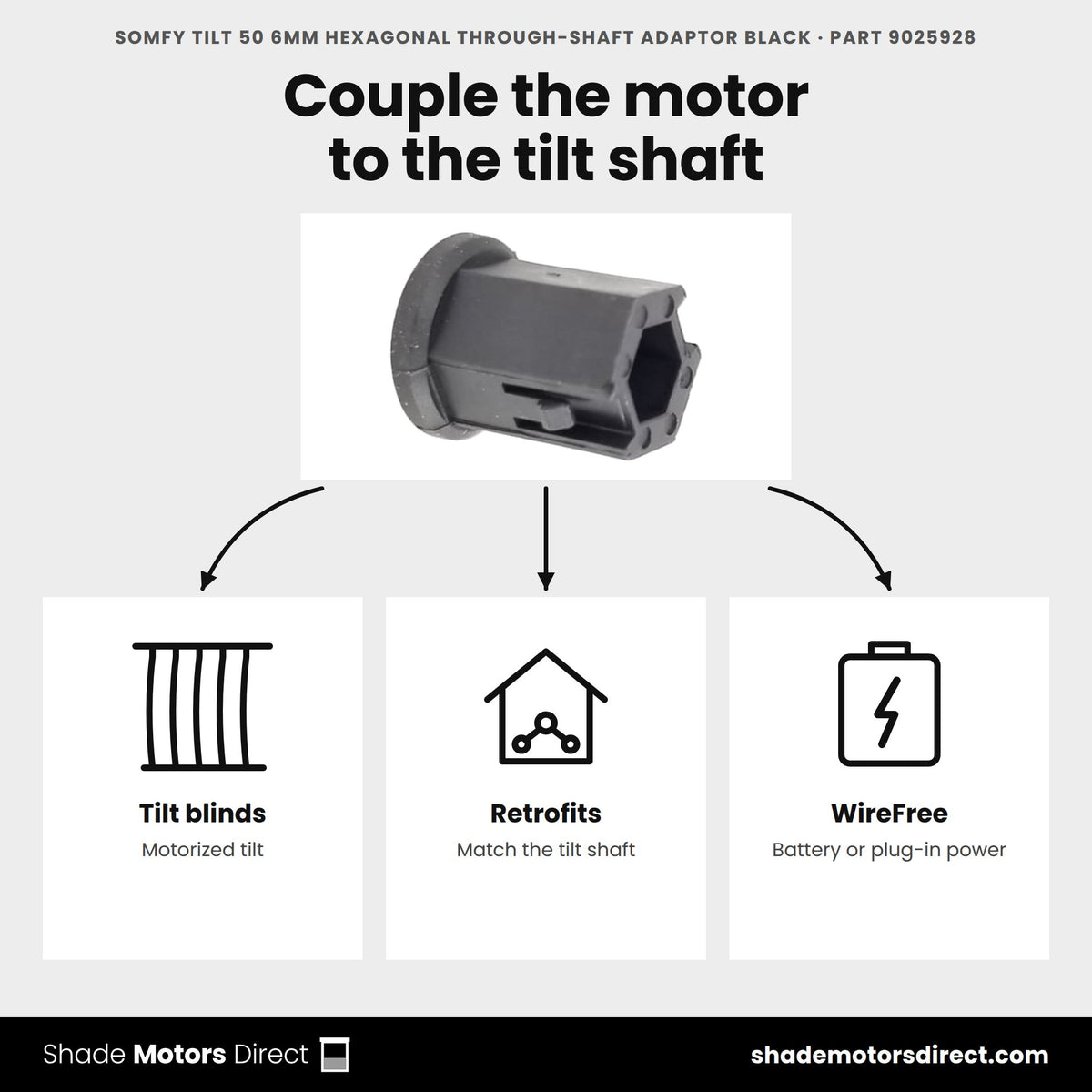 Somfy Tilt 50 6mm hexagonal through-shaft adapter 9025928 uses: motorized tilt blinds and retrofits with the Tilt 50 WireFree through-shaft motor